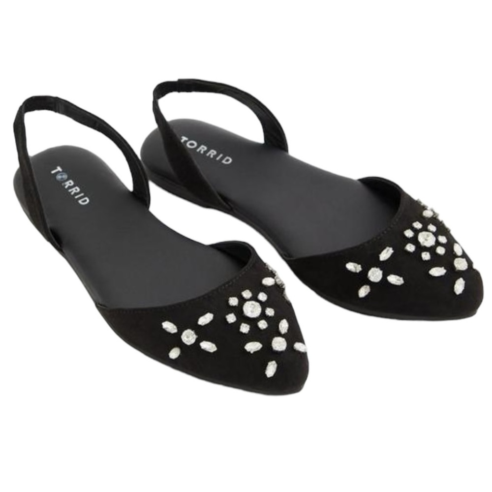 NWT Torrid Embellished Slingback Flat Shoes Black Sz 11 (WW) Jewelled Ballerina